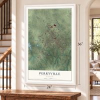 Perryville, Missouri map, 24 x 36 inch print in a white frame by a staircase