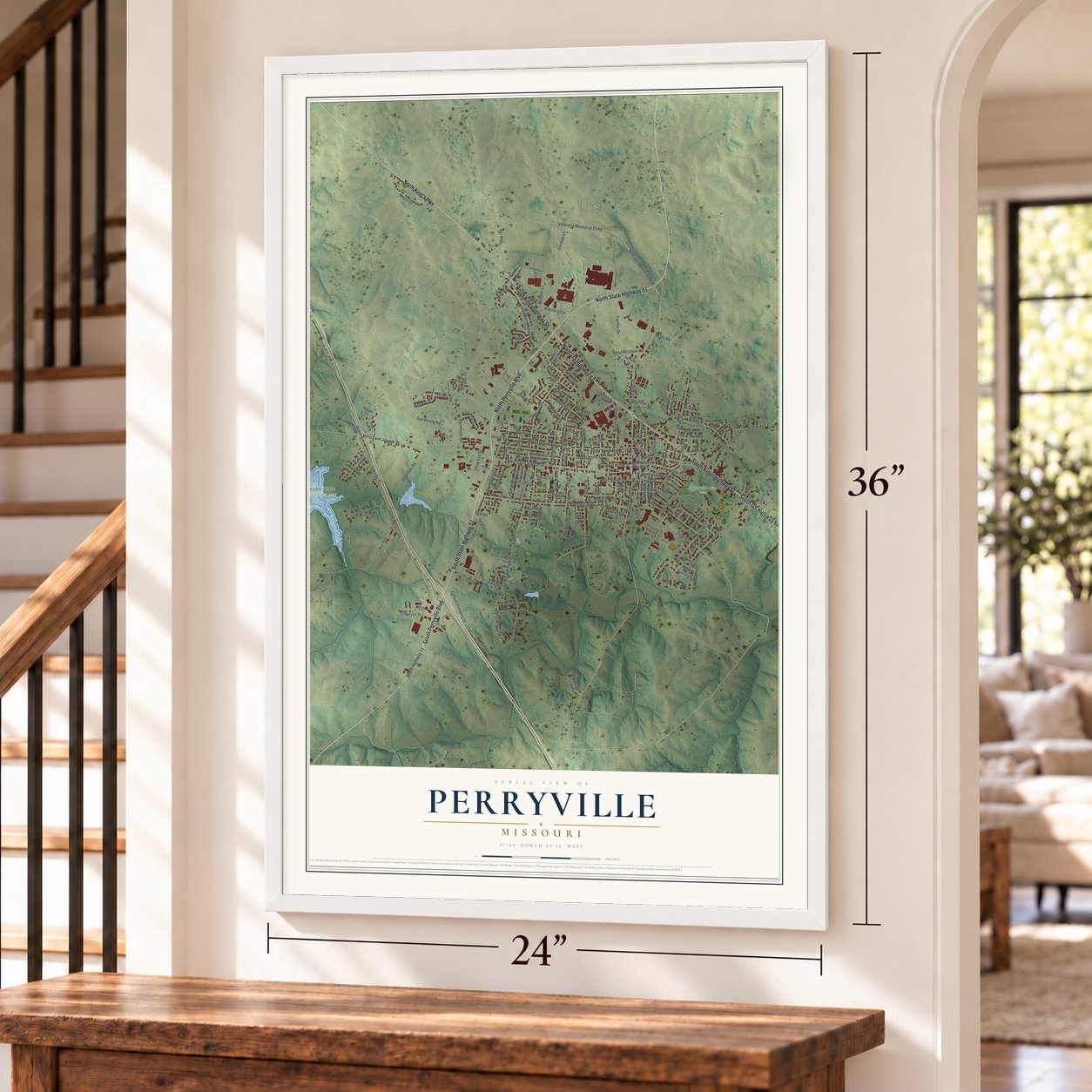 Perryville, Missouri map, 24 x 36 inch print in a white frame by a staircase