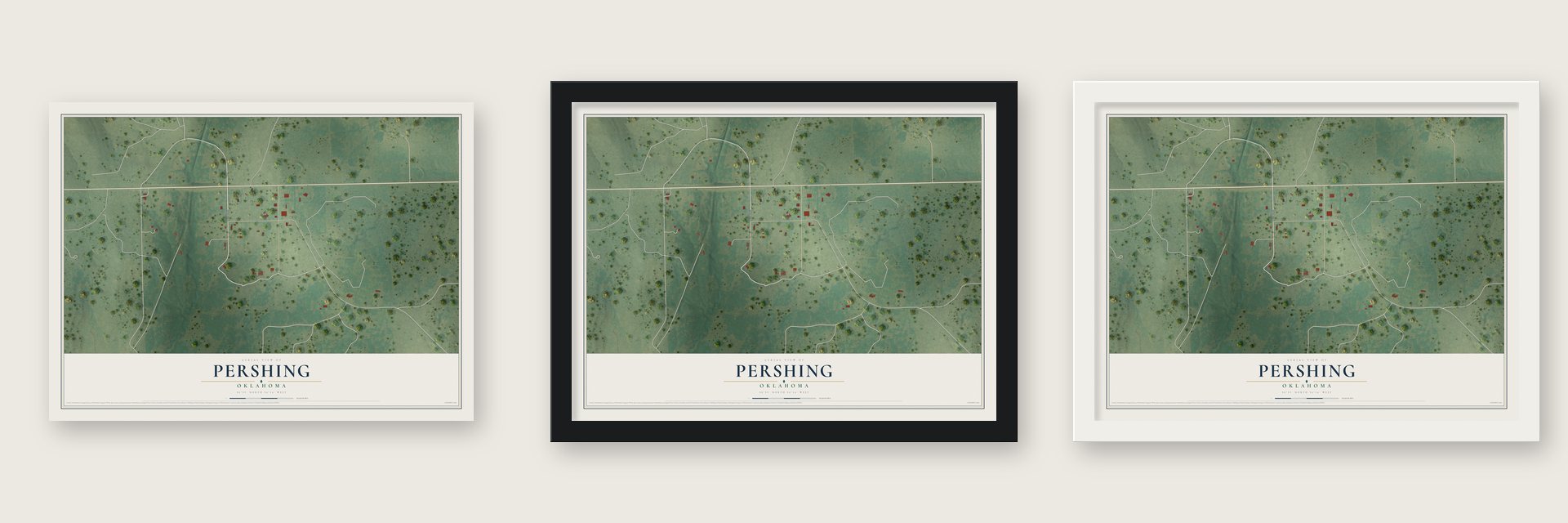 Pershing, Oklahoma map unframed, in a black wood frame and in a white wood frame