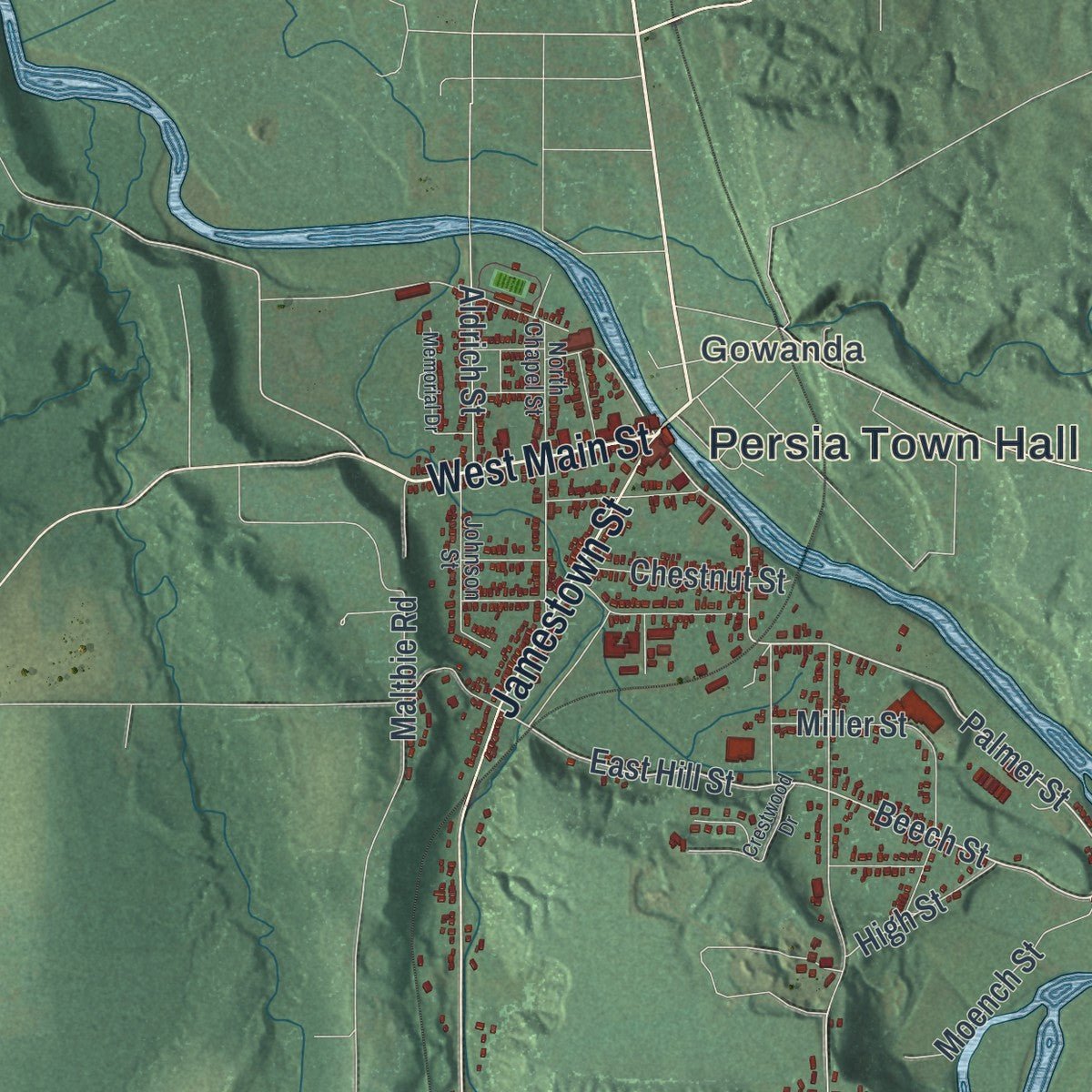 Second close-up of the map of Persia, New York print showing more streets and buildings