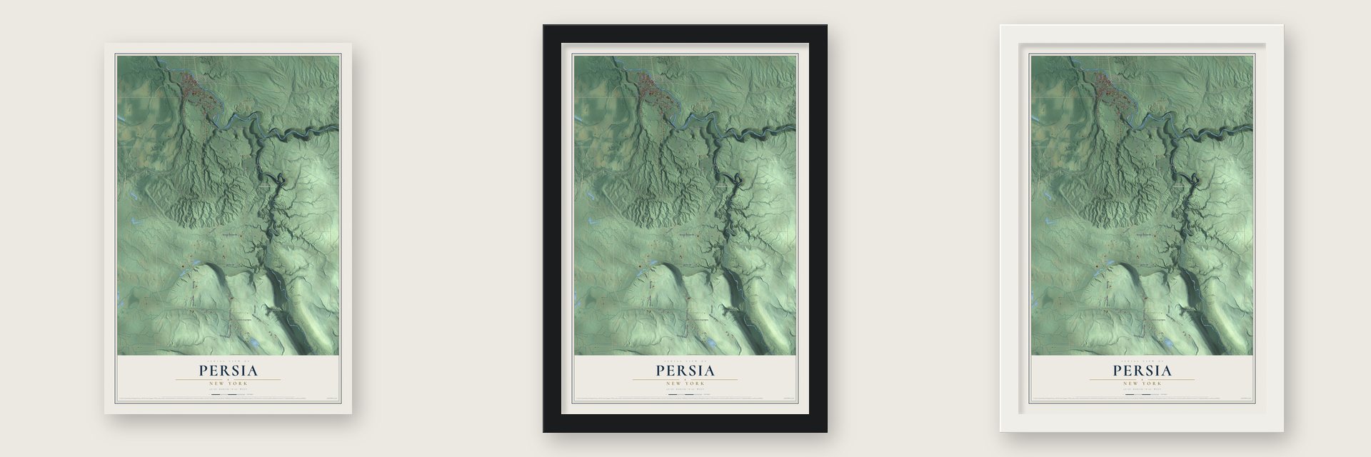 Persia, New York map unframed, in a black wood frame and in a white wood frame