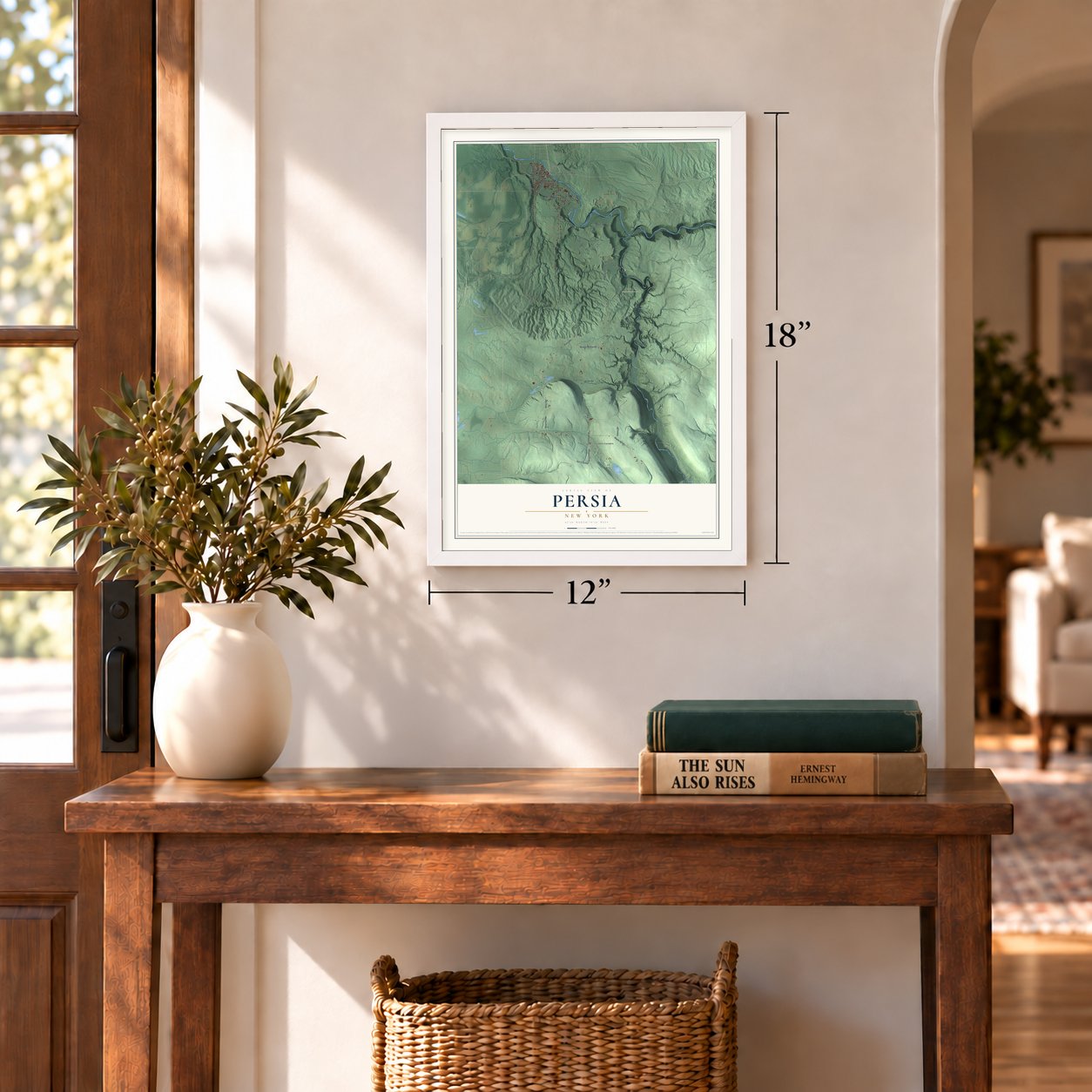 Persia, New York map, 12 x 18 inch print in a white frame in an entryway