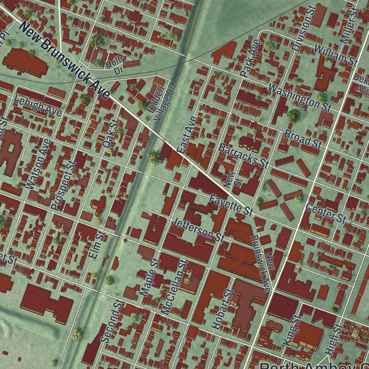 Second close-up of the map of Perth Amboy, New Jersey print showing more streets and buildings