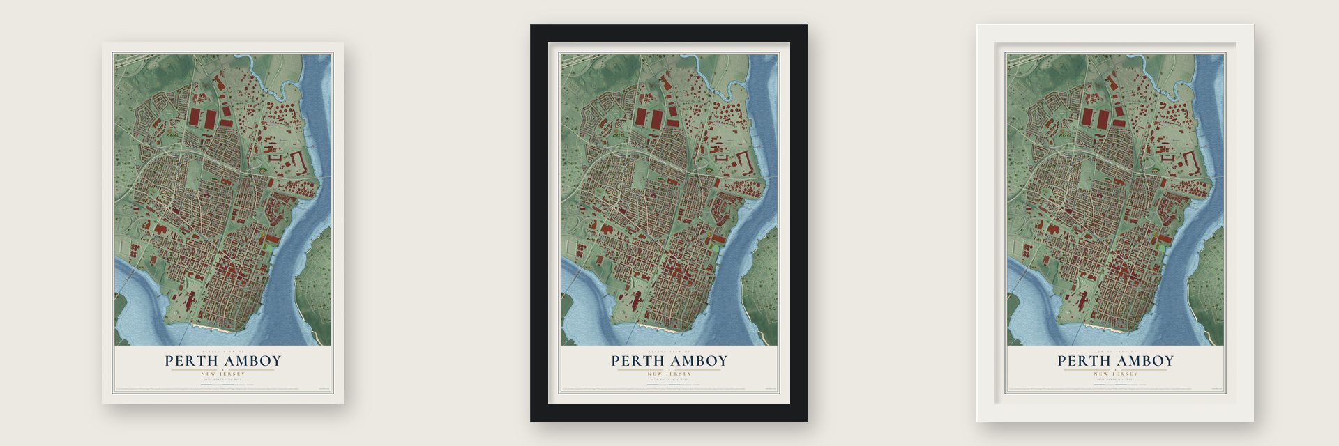 Perth Amboy, New Jersey map unframed, in a black wood frame and in a white wood frame