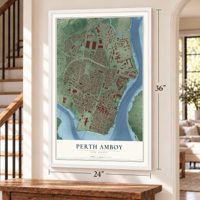 Perth Amboy, New Jersey map, 24 x 36 inch print in a white frame by a staircase