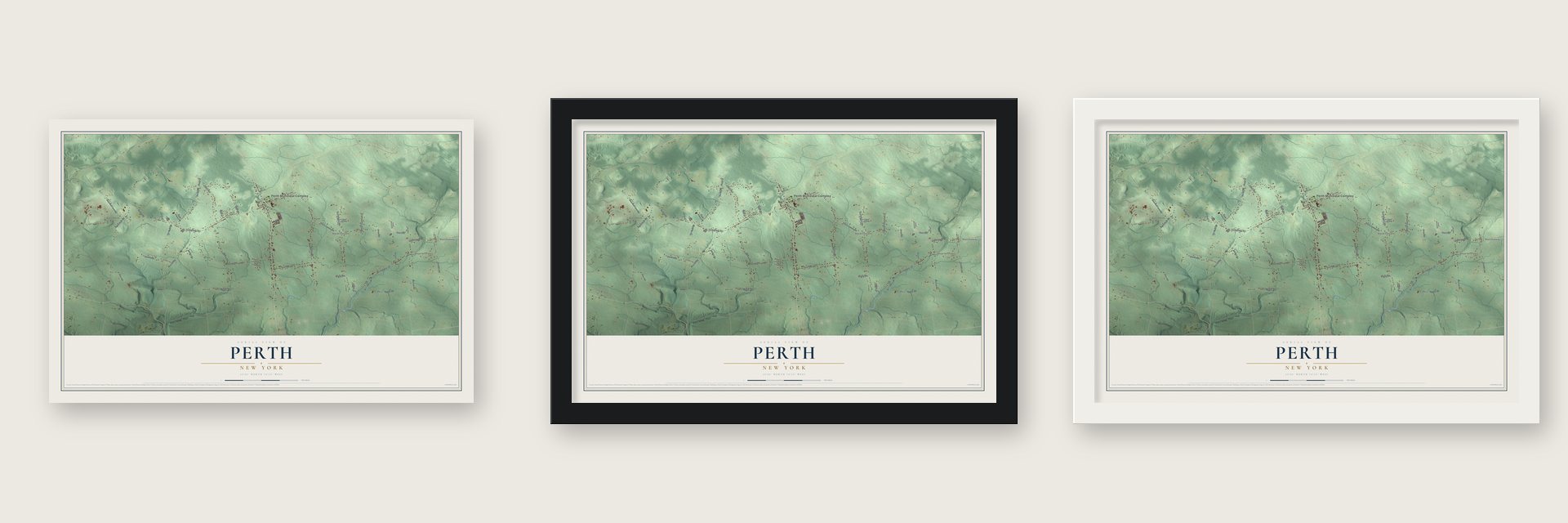 Perth, New York map unframed, in a black wood frame and in a white wood frame