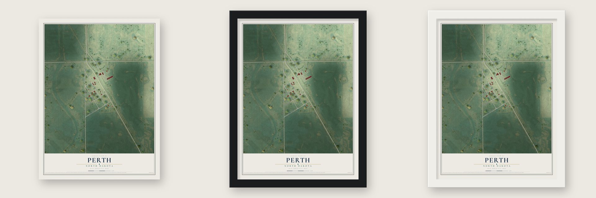 Perth, North Dakota map unframed, in a black wood frame and in a white wood frame