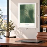 Perth, North Dakota map, 18 x 24 inch print in a white frame in a home office