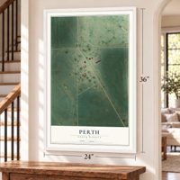 Perth, North Dakota map, 24 x 36 inch print in a white frame by a staircase