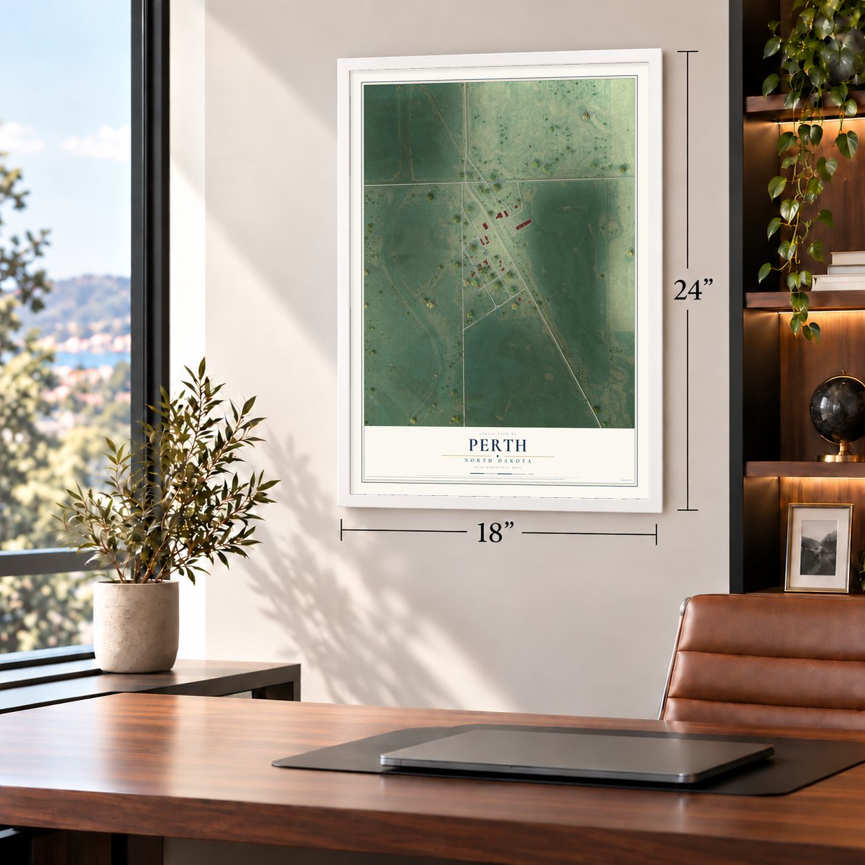 Perth, North Dakota map, 18 x 24 inch print in a white frame in a home office