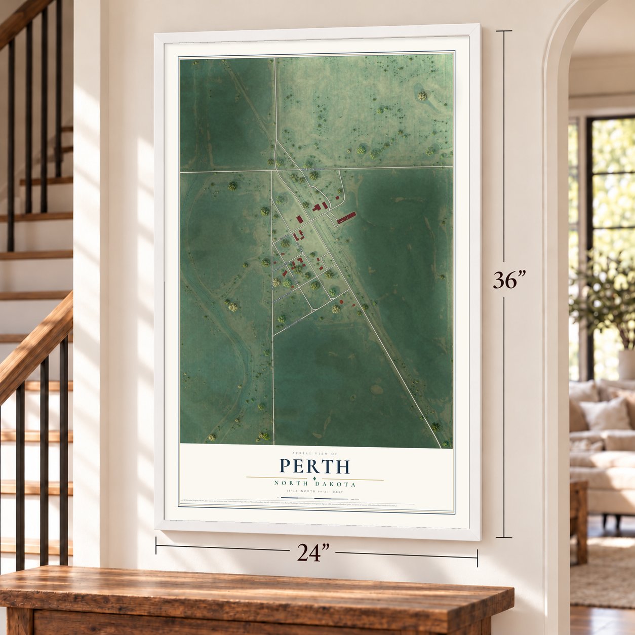 Perth, North Dakota map, 24 x 36 inch print in a white frame by a staircase