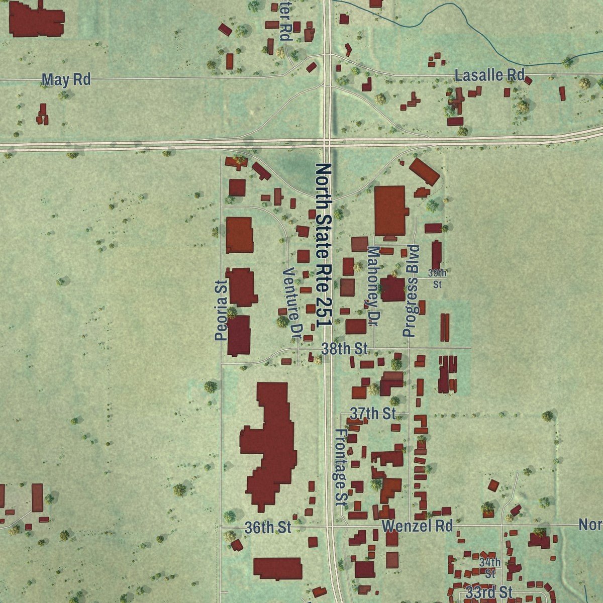 Second close-up of the map of Peru, Illinois print showing more streets and buildings