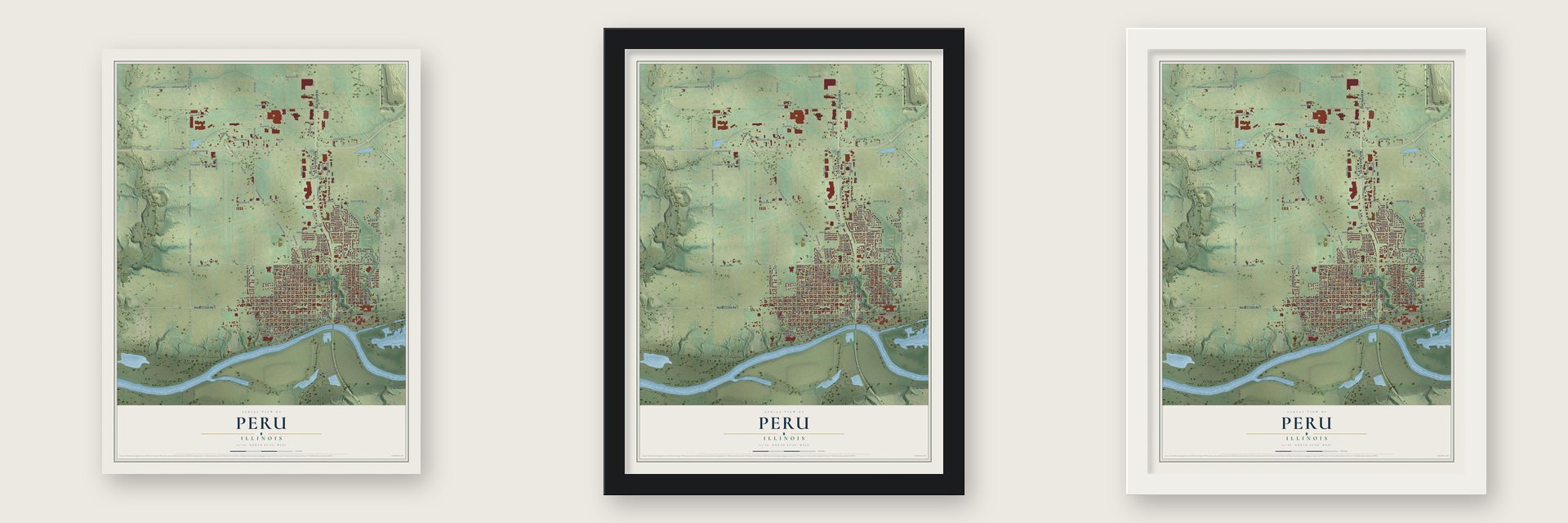 Peru, Illinois map unframed, in a black wood frame and in a white wood frame