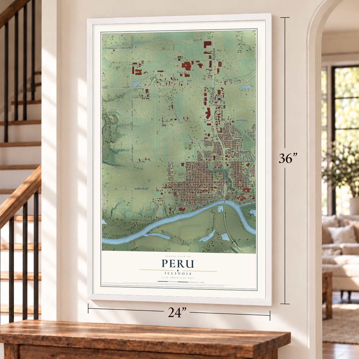 Peru, Illinois map, 24 x 36 inch print in a white frame by a staircase