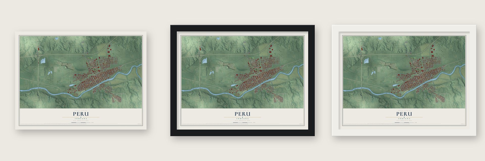 Peru, Indiana map unframed, in a black wood frame and in a white wood frame
