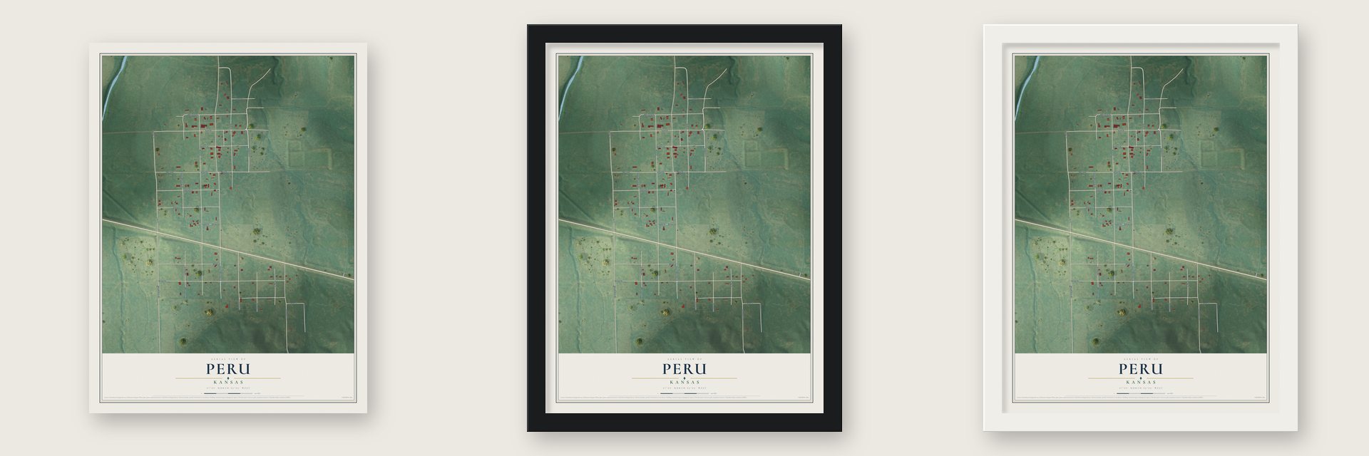 Peru, Kansas map unframed, in a black wood frame and in a white wood frame