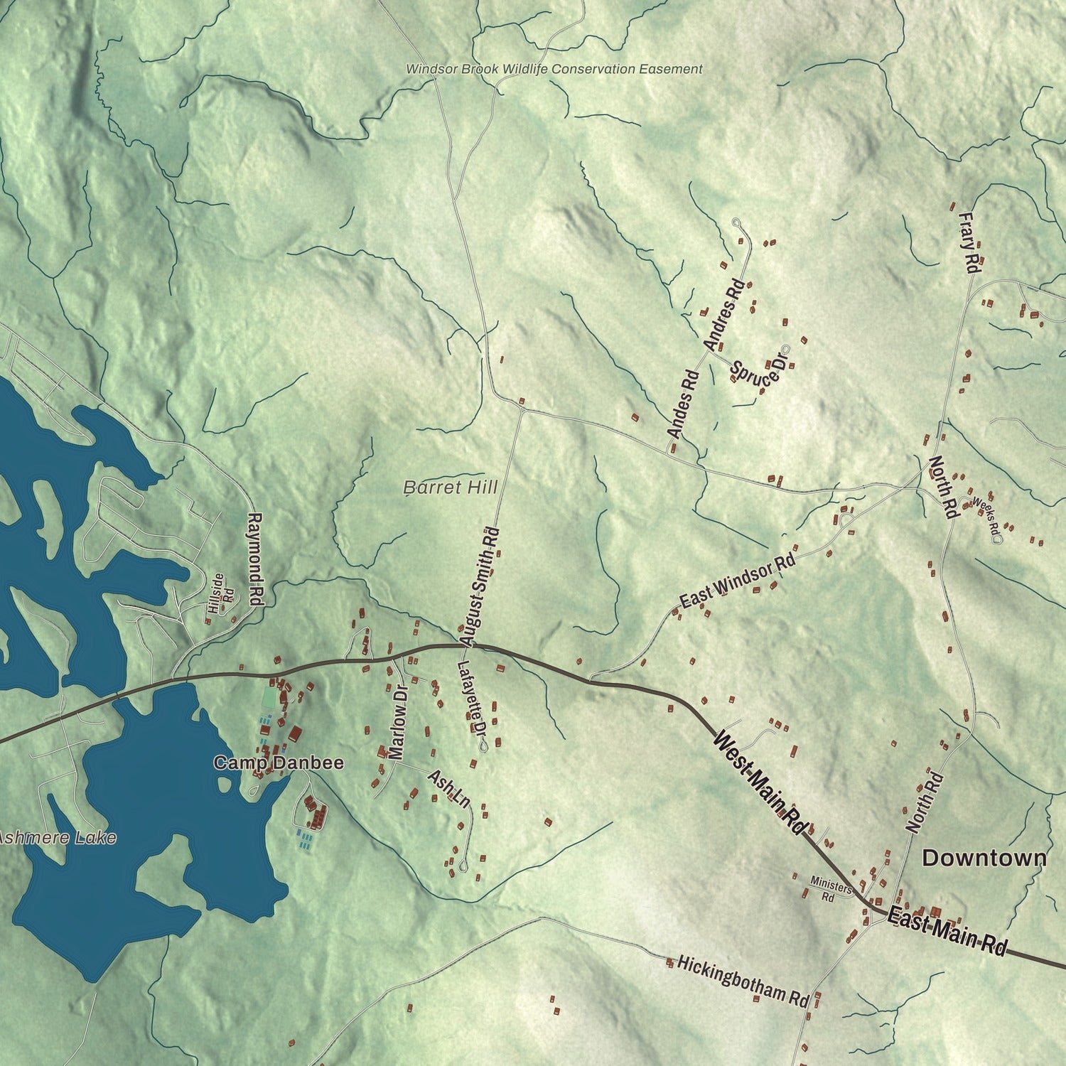 Close-up of the map of Peru, Massachusetts print showing terrain and local geography