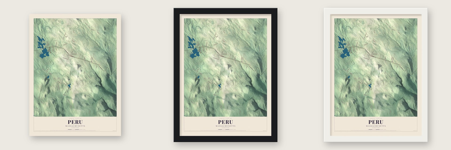 Peru, Massachusetts map unframed, in a black wood frame and in a white wood frame