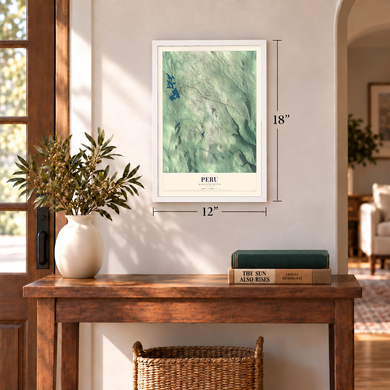 Peru, Massachusetts map, 12 x 18 inch print in a white frame in an entryway