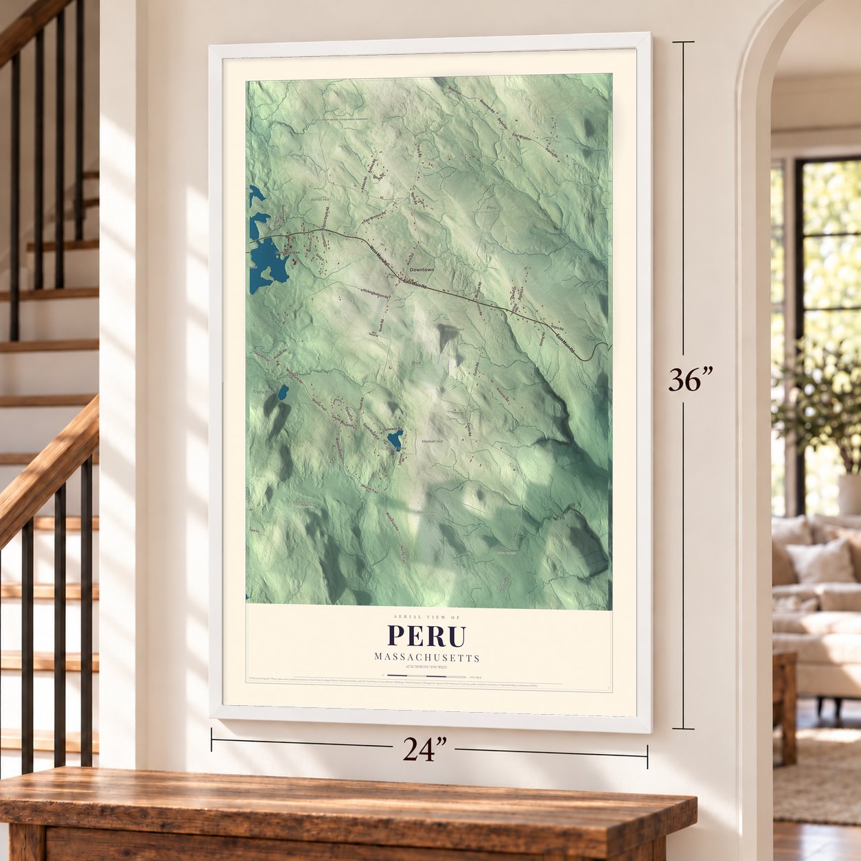 Peru, Massachusetts map, 24 x 36 inch print in a white frame by a staircase