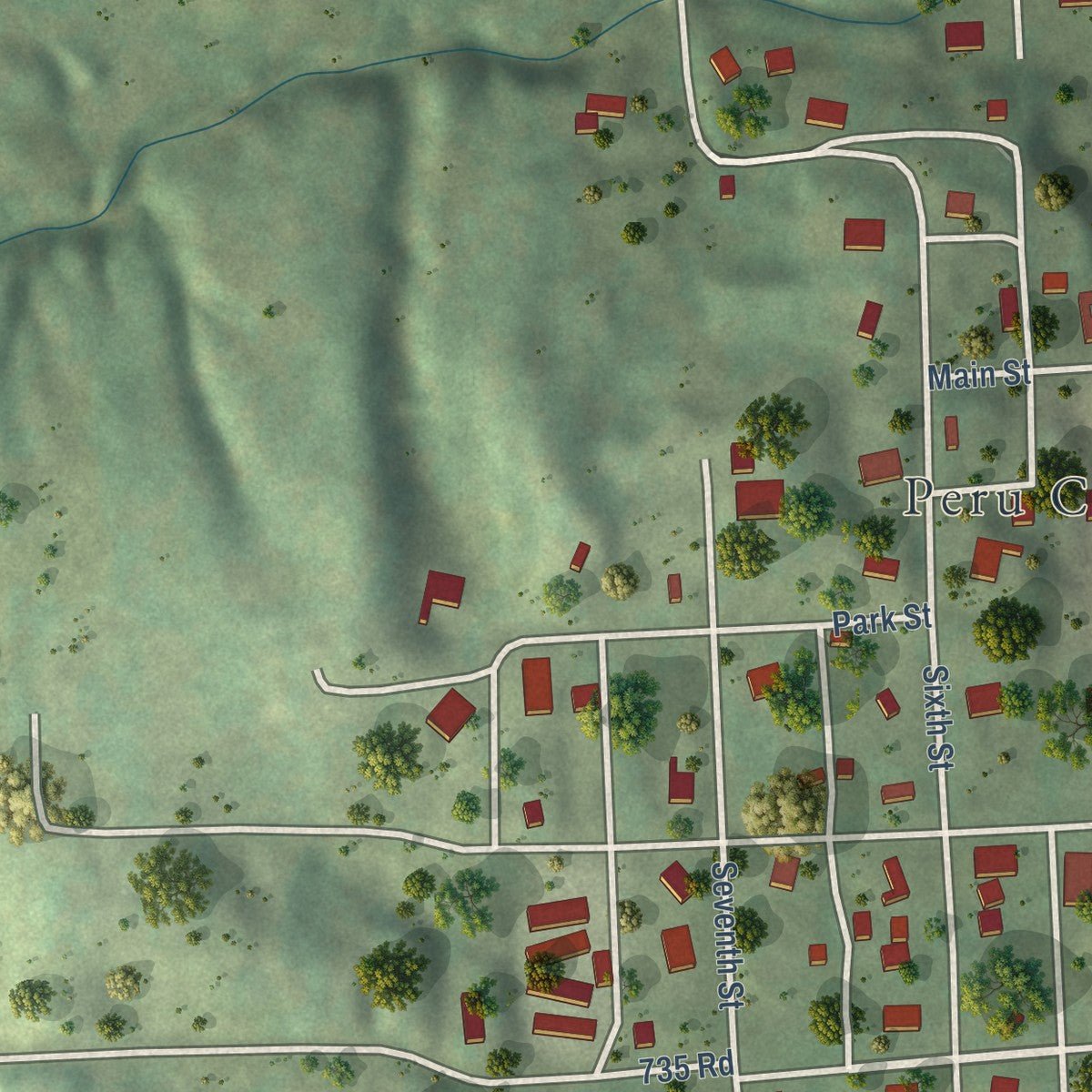 Second close-up of the map of Peru, Nebraska print showing more streets and buildings