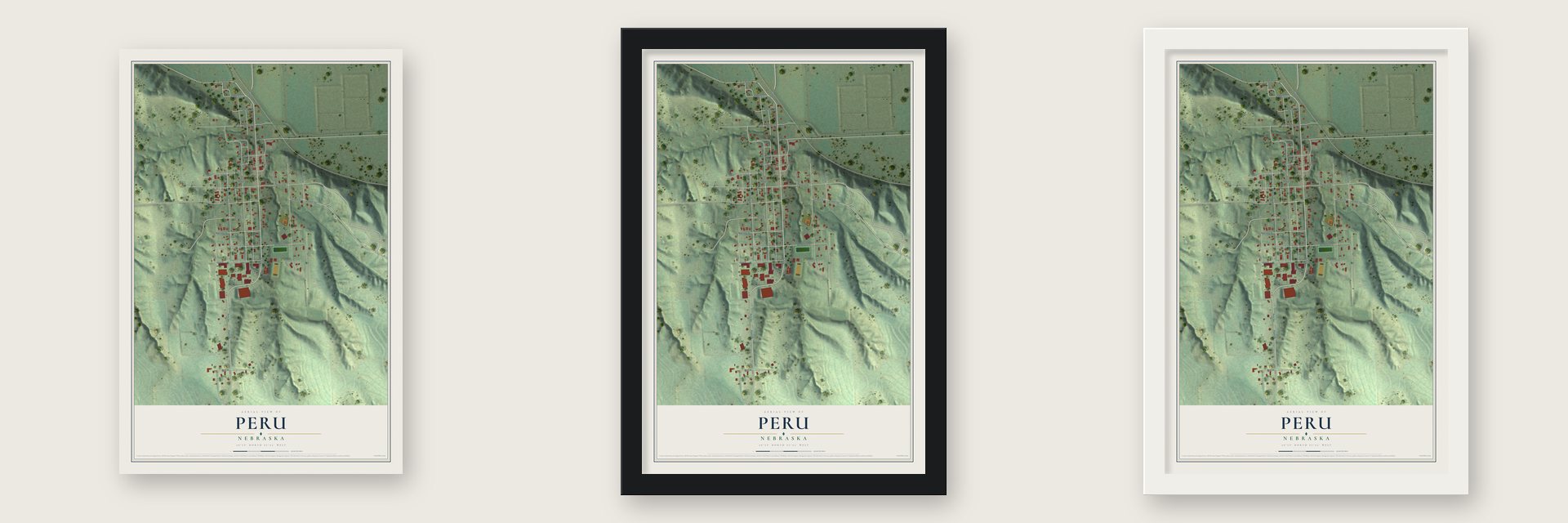 Peru, Nebraska map unframed, in a black wood frame and in a white wood frame