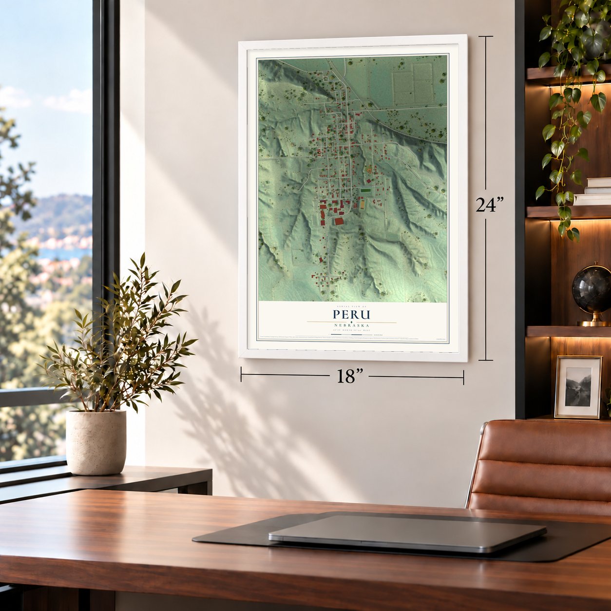Peru, Nebraska map, 18 x 24 inch print in a white frame in a home office