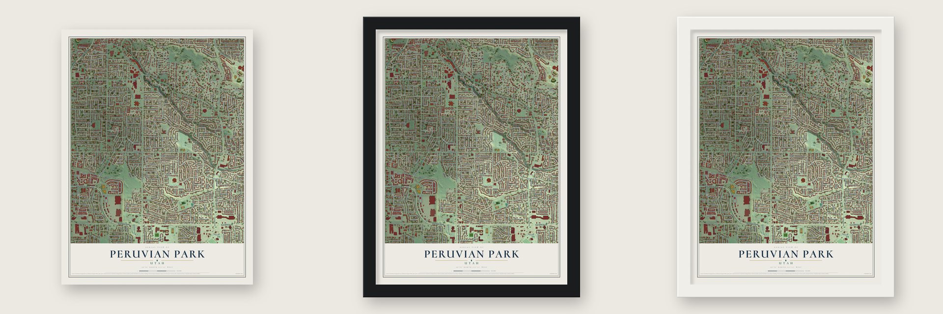 Peruvian Park, Utah map unframed, in a black wood frame and in a white wood frame