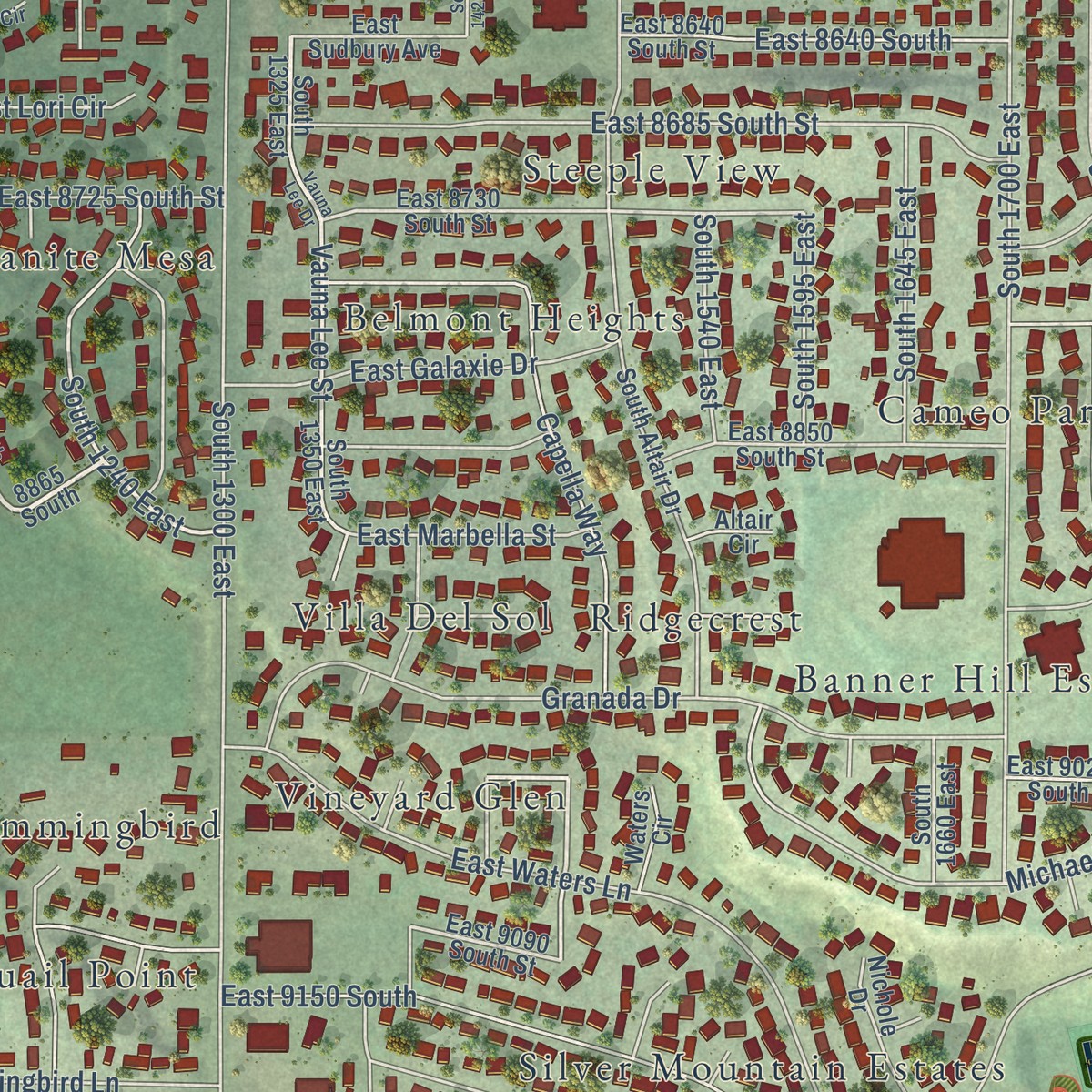 Second close-up of the map of Peruvian Park, Utah print showing more streets and buildings