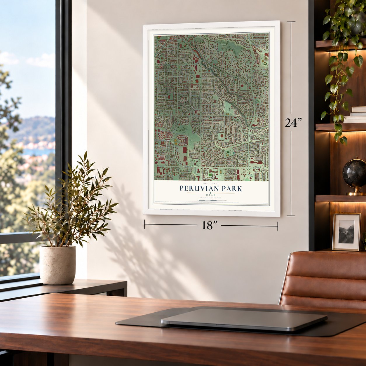 Peruvian Park, Utah map, 18 x 24 inch print in a white frame in a home office