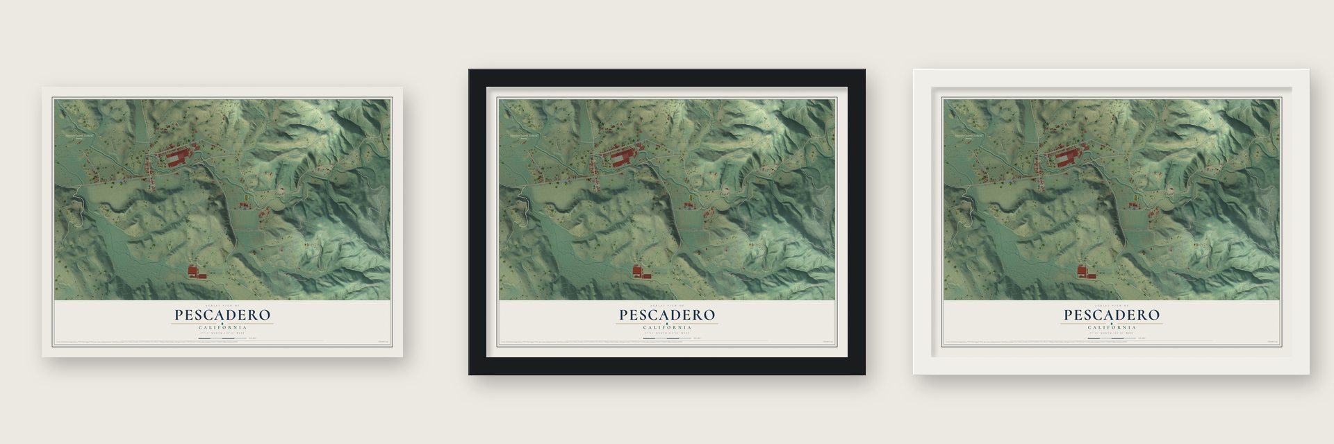 Pescadero, California map unframed, in a black wood frame and in a white wood frame