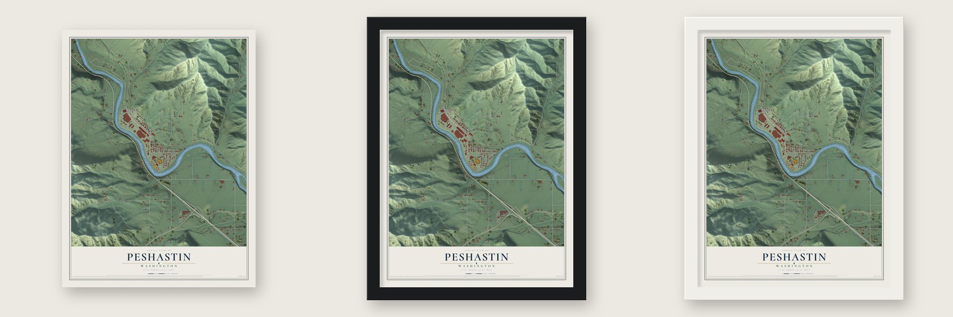 Peshastin, Washington map unframed, in a black wood frame and in a white wood frame
