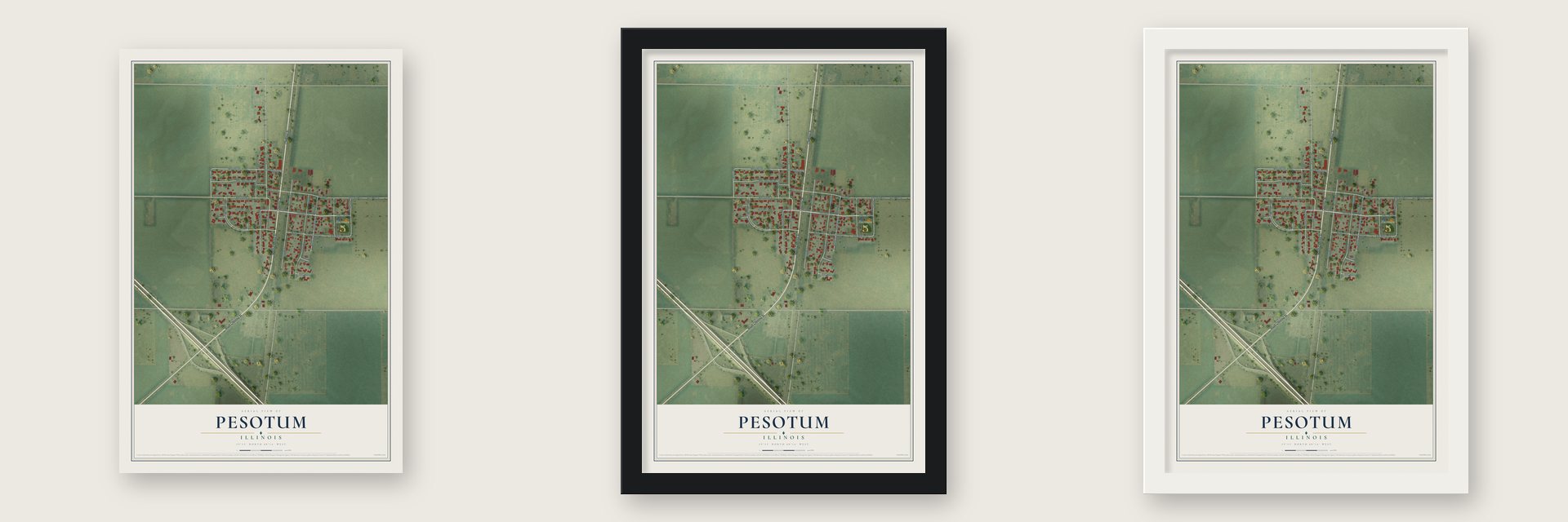 Pesotum, Illinois map unframed, in a black wood frame and in a white wood frame