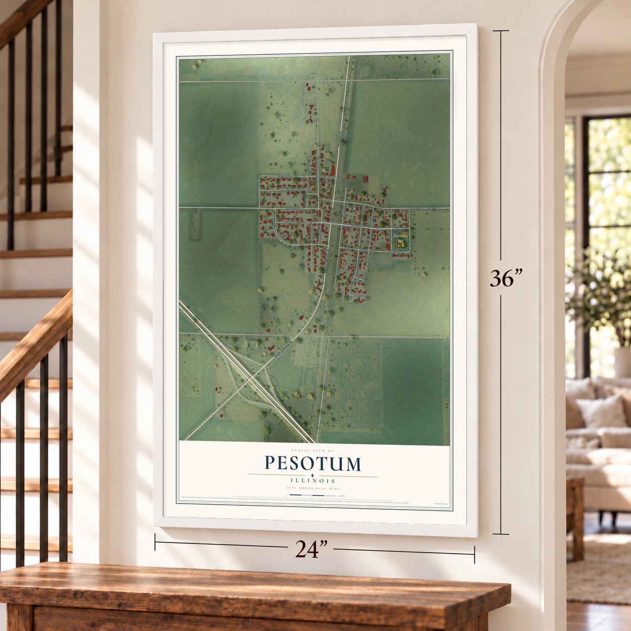 Pesotum, Illinois map, 24 x 36 inch print in a white frame by a staircase