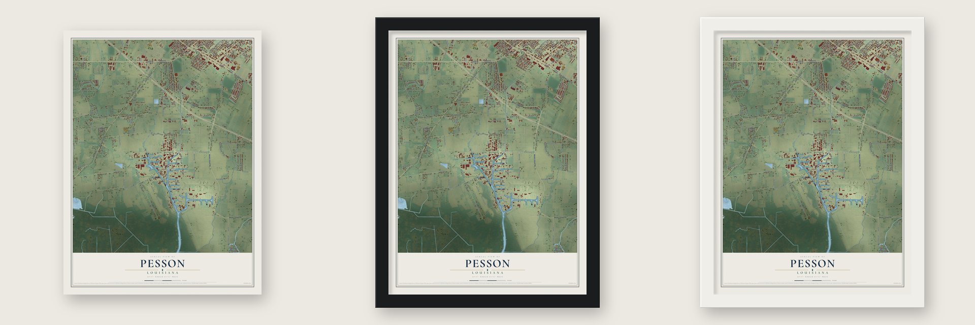 Pesson, Louisiana map unframed, in a black wood frame and in a white wood frame