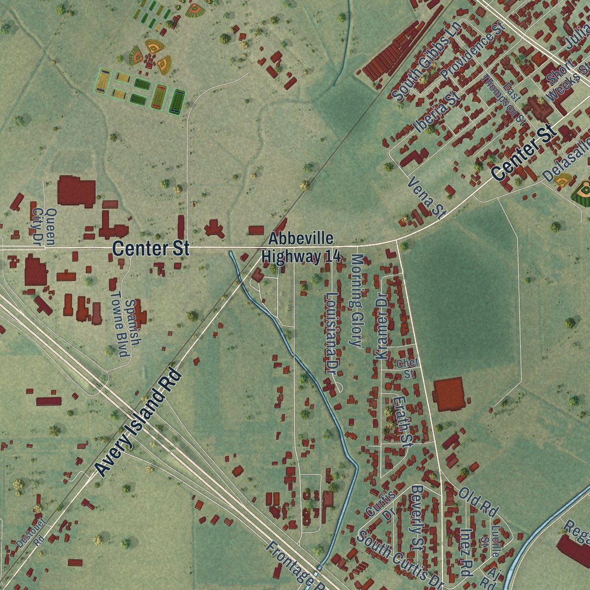 Second close-up of the map of Pesson, Louisiana print showing more streets and buildings