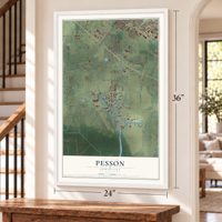 Pesson, Louisiana map, 24 x 36 inch print in a white frame by a staircase