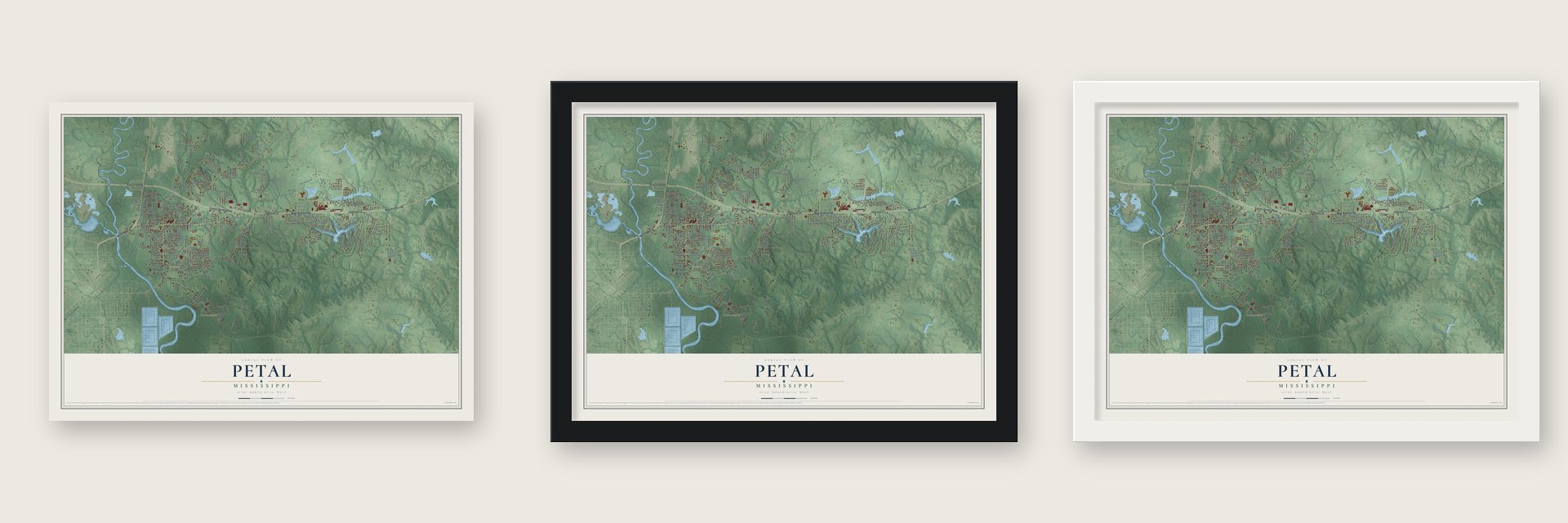 Petal, Mississippi map unframed, in a black wood frame and in a white wood frame