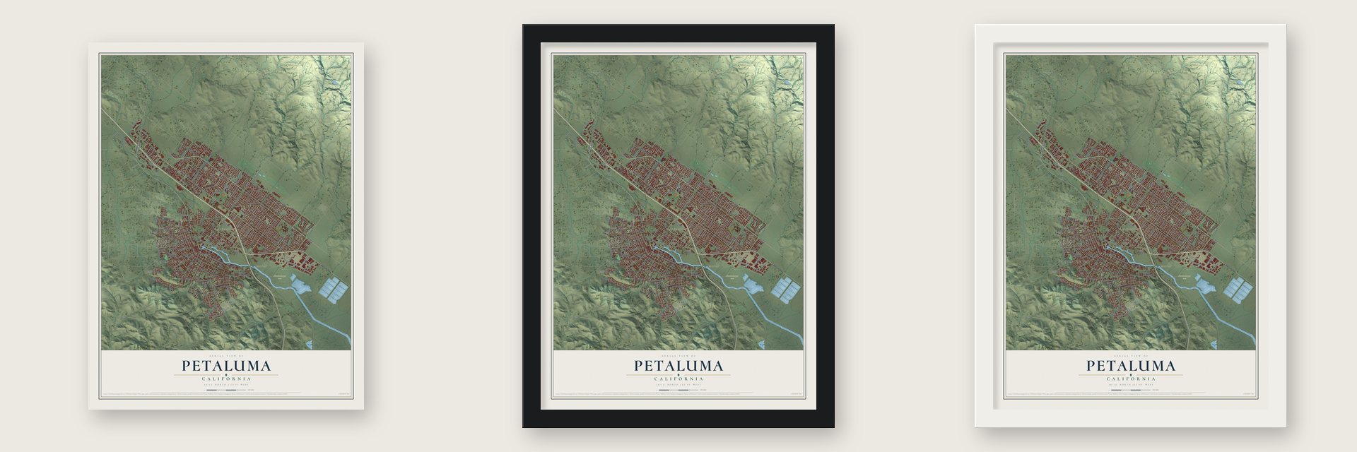 Petaluma, California map unframed, in a black wood frame and in a white wood frame
