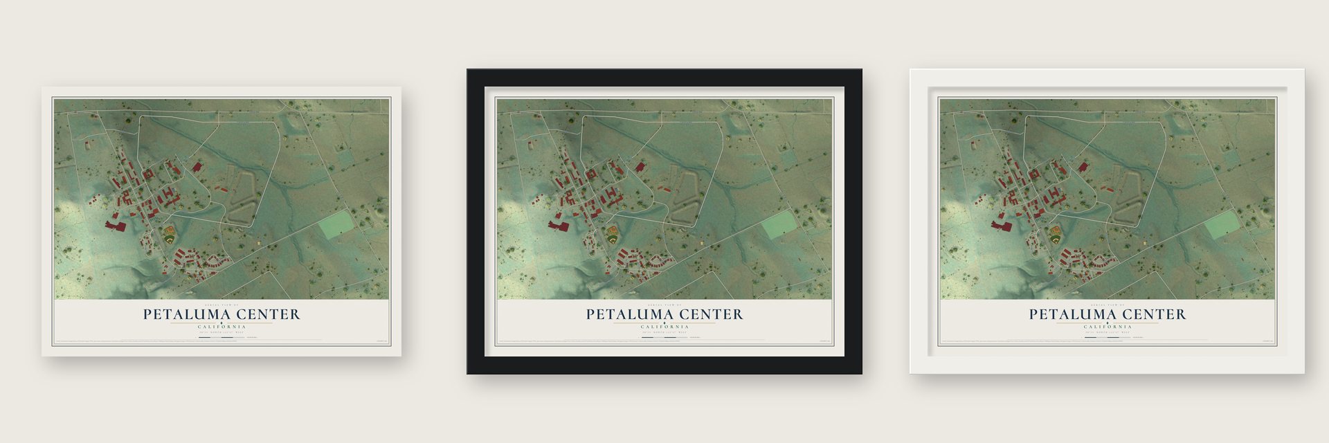Petaluma Center, California map unframed, in a black wood frame and in a white wood frame