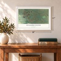 Petaluma Center, California map, 12 x 18 inch print in a white frame in an entryway