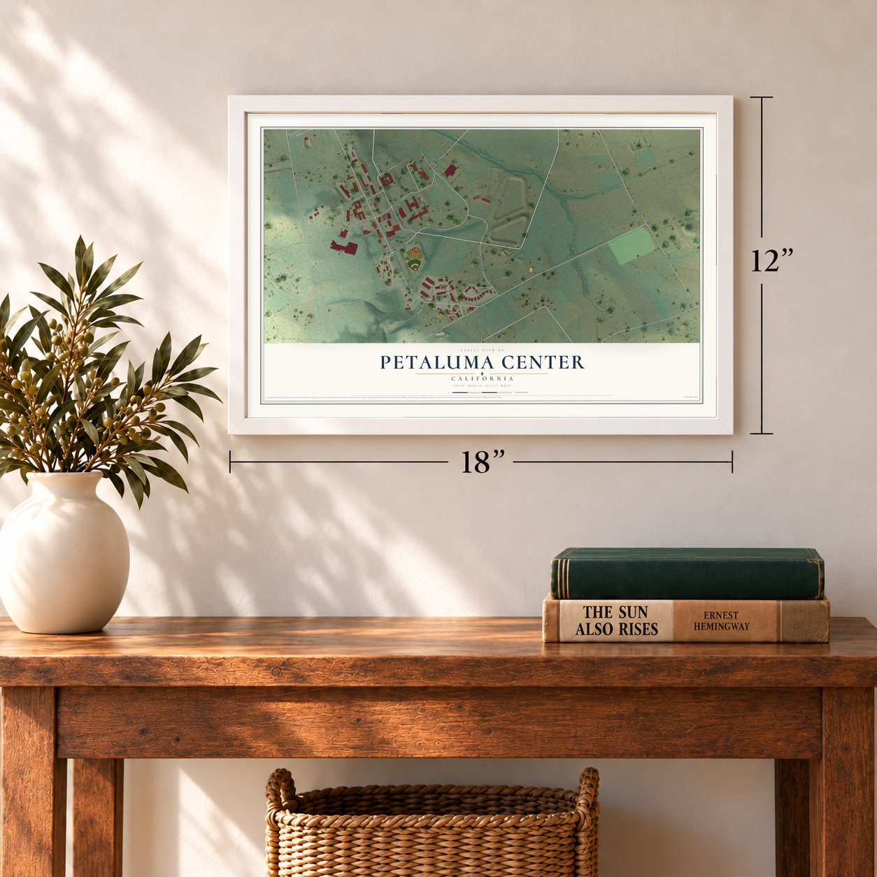 Petaluma Center, California map, 12 x 18 inch print in a white frame in an entryway