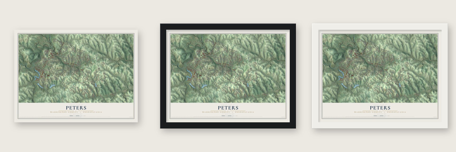 Peters, Washington County, Pennsylvania map unframed, in a black wood frame and in a white wood frame
