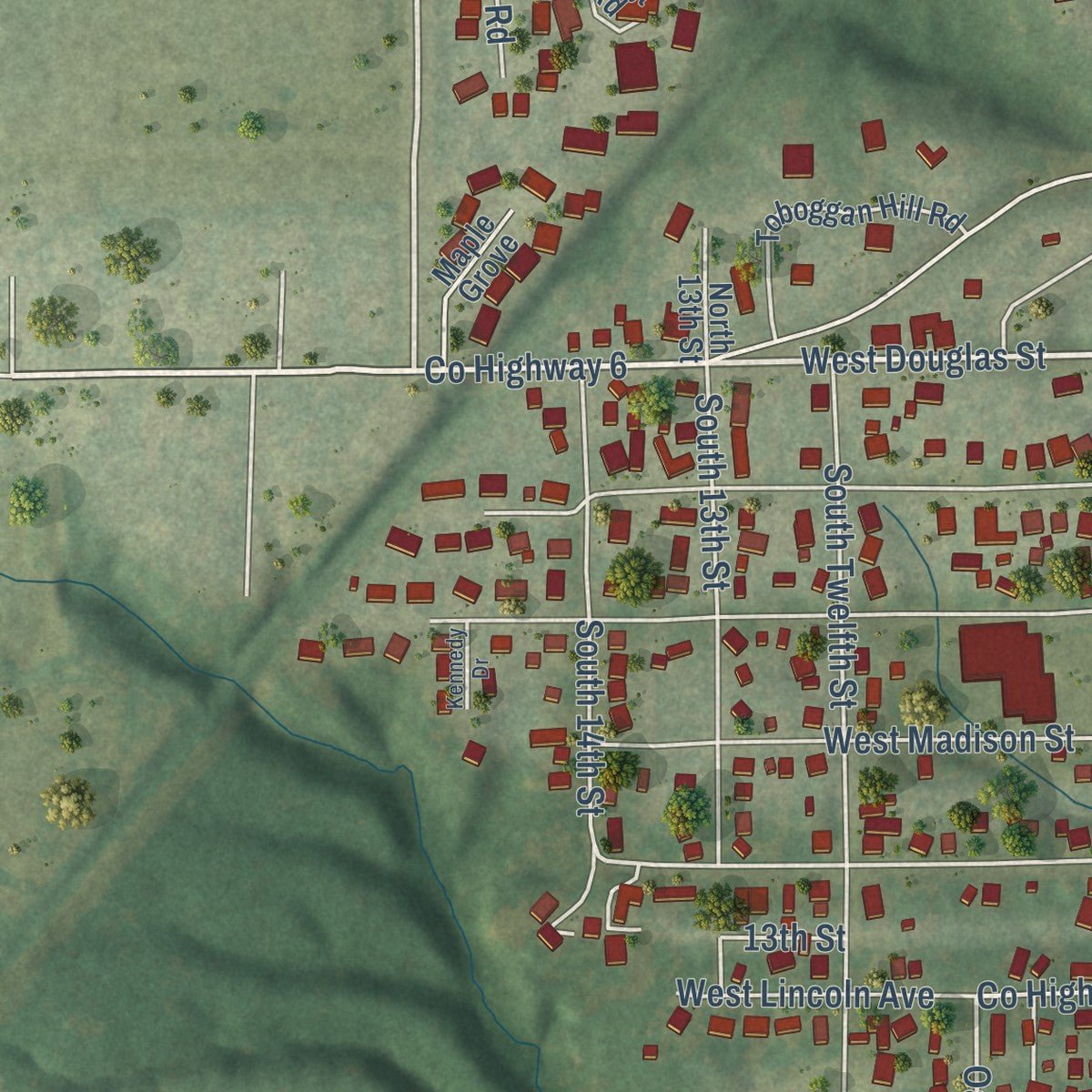 Second close-up of the map of Petersburg, Illinois print showing more streets and buildings