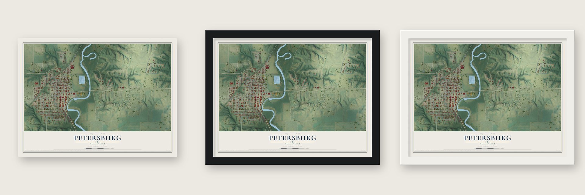 Petersburg, Illinois map unframed, in a black wood frame and in a white wood frame