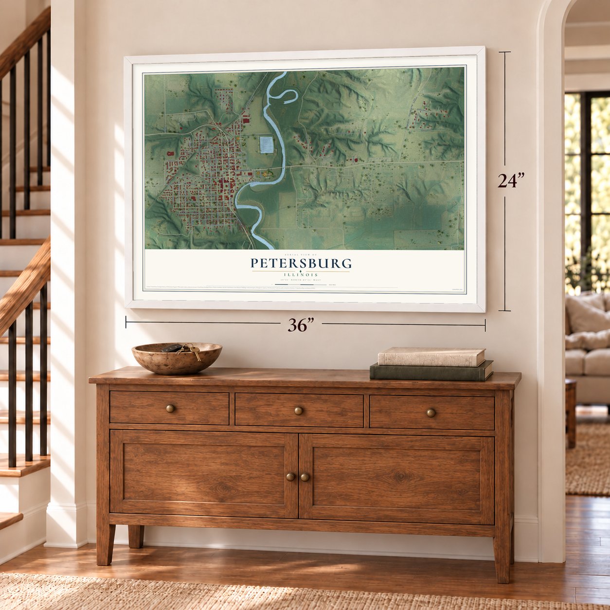 Petersburg, Illinois map, 24 x 36 inch print in a white frame above a dresser by a staircase