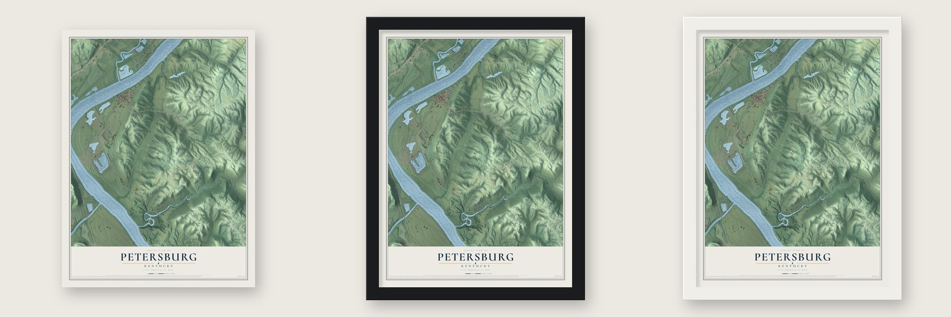Petersburg, Kentucky map unframed, in a black wood frame and in a white wood frame