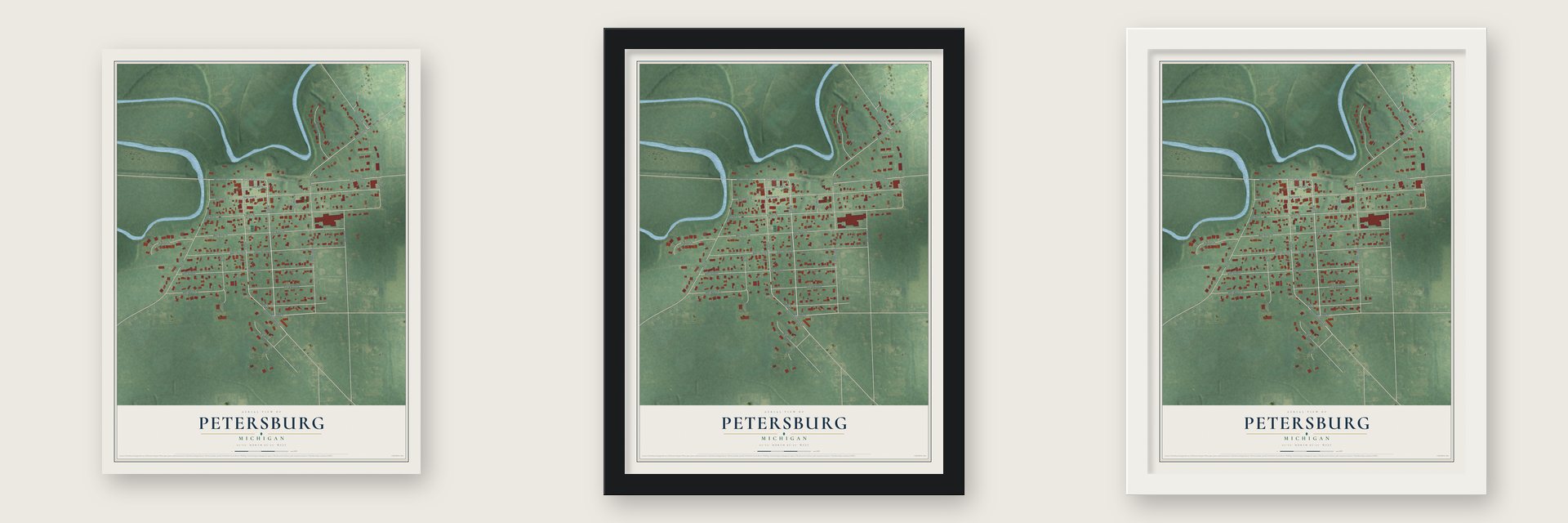Petersburg, Michigan map unframed, in a black wood frame and in a white wood frame