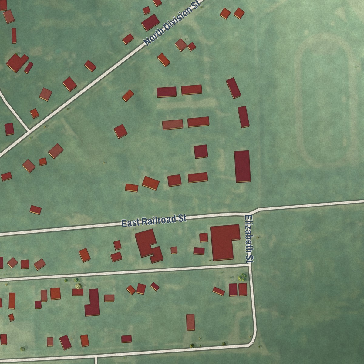 Second close-up of the map of Petersburg, Michigan print showing more streets and buildings