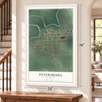 Petersburg, Michigan map, 24 x 36 inch print in a white frame by a staircase